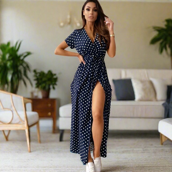 Navy Polka Dot Maxi Dress | Wrap Style, High Slit, Short Sleeve - Picture 3 of 6